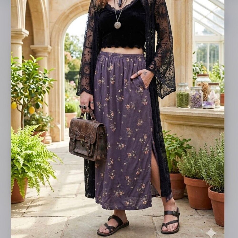 Vintage 90s Cherokee Floral Rayon Maxi Skirt - Size Medium whimsigoth soft grung